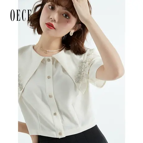 Oece2022夏季新款女装复古法式设计感衬衫娃娃领气质短袖上衣商品大图