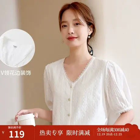 茵曼2023夏女装新款V领花边泡泡袖短袖衬衣商品大图