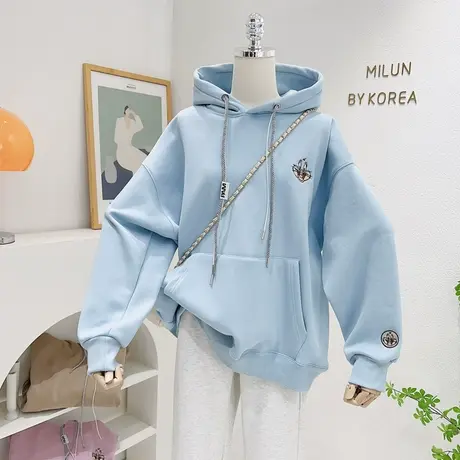 秋冬新款刺绣兔子连帽上衣ins韩系银狐绒加厚卫衣慵懒休闲宽松商品大图