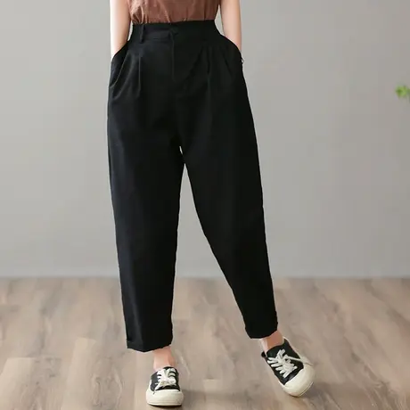 dza 高腰显瘦纯棉休闲裤子女士2023春季宽松阔腿裤休闲哈伦直筒裤商品大图