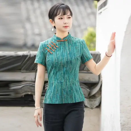 筠雅改良唐装上衣女夏款中式盘扣复古时尚瘦腰茶服短袖外套23J146图片