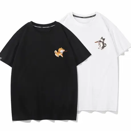 卡通动漫猫猫狗狗情侣装衣服男女同款T恤纯棉宽松圆领短袖T恤打底商品大图