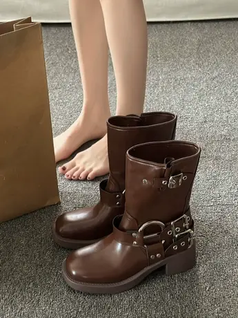 高级感夏季马丁靴女2023新款英伦风短筒炸街机车靴粗跟方头短靴商品大图