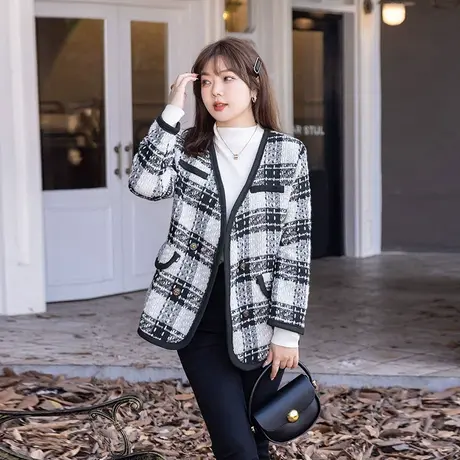 显瘦大码胖mm毛呢短外套格子别致气质款2023年季新款时尚宽松图片