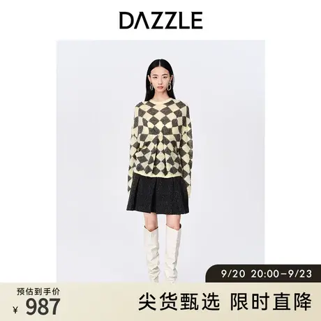 DAZZLE地素奥莱秋学院风马海毛别针装饰轻薄慵懒菱格千金毛衣女商品大图