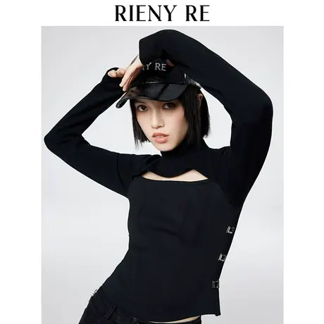 RIENYRE针织衫女秋冬款时尚修身百搭长袖拼接黑色收腰镂空式上衣图片
