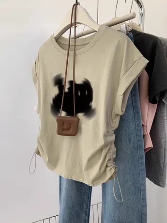 美式复古卡其色抽绳t恤女夏季小飞袖设计感正肩短袖ins潮别致上衣商品大图