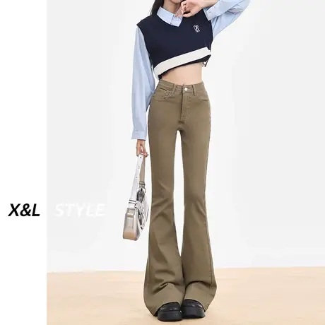 卡其色微喇牛仔裤女春秋季2023新款高腰显瘦美式弹力马蹄喇叭裤子图片