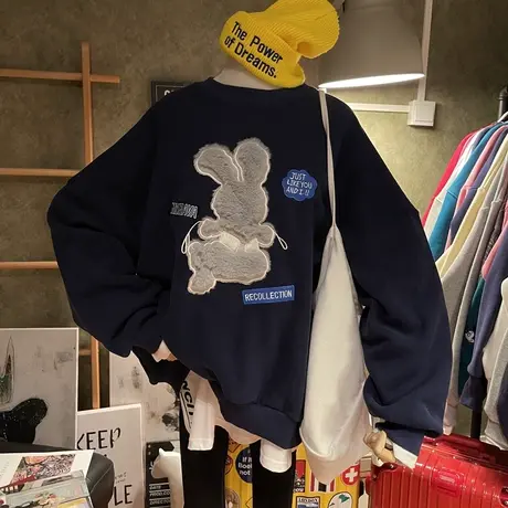 冬新款加绒加厚大码宽松慵懒毛绒小兔刺绣保暖套头圆领休闲卫衣女商品大图