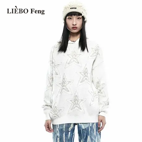 裂帛LIEBOFeng设计师品牌ins星星奶油白宽松百搭简约连帽针织衫女图片