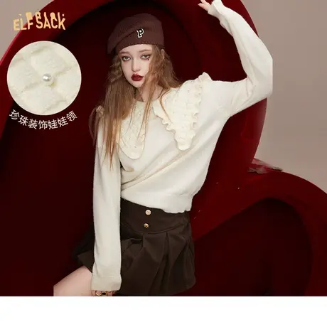 妖精的口袋白色娃娃领毛衣女2022秋冬季新款软糯温柔风短款小个子商品大图