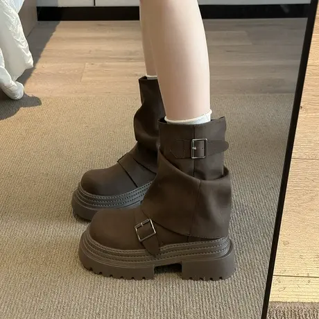 厚底增高短筒靴女2025年新款秋季百搭小个子马丁靴气质复古骑士靴商品大图