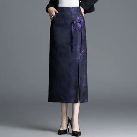 新中式缎面提花包臀半身裙女2025秋季新款高腰中长国风开叉一步裙商品大图