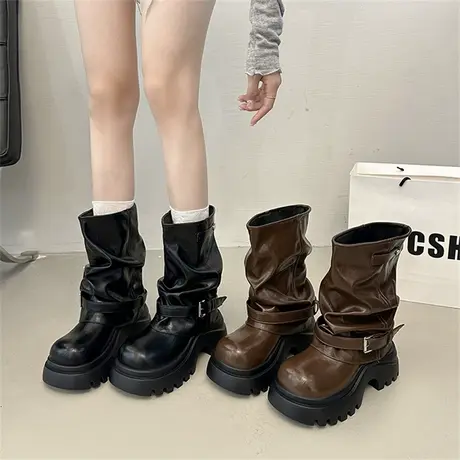 粗跟增高马丁靴女款2025新款秋季英伦气质裤管靴显瘦小个子堆堆靴图片