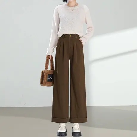 九分翻边牛仔奶奶裤女2025春秋新款高腰宽松显瘦直筒小个子阔腿裤商品大图