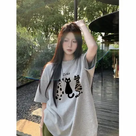 纯棉夏季落肩短袖t恤女2025新款设计感小众美式潮牌卡通半袖上衣商品大图