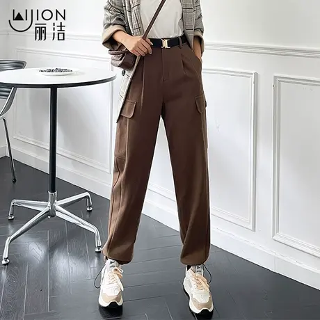 丽洁女裤新款工装裤女款休闲裤高腰宽松毛呢哈伦裤束脚长裤休闲裤商品大图