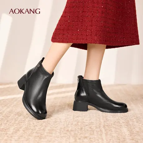 奥康 女鞋2025冬季时装靴真皮粗跟不累脚加绒保暖短靴门店发货商品大图
