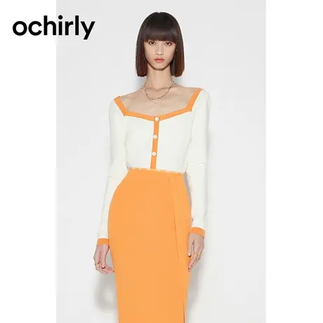 【品牌甄选】欧时力 小香风心形领针织毛衣 2023新款秋装短款上衣商品大图