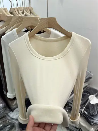 简约圆领加绒针织衫女长袖2023秋冬螺纹纯色磨毛T恤羊绒打底上衣商品大图