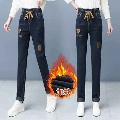 加绒松紧高腰哈伦牛仔裤女2023年冬季新款宽松个性刺绣老爹裤子潮图片