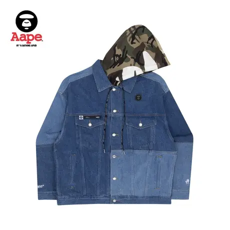 Aape旗舰店男装春夏猿颜拼接迷彩抽绳连帽牛仔外套7498XBI商品大图