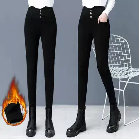 加绒铅笔裤女今年流行爆款排扣弹力小脚裤冬季黑色修身外穿打底裤图片