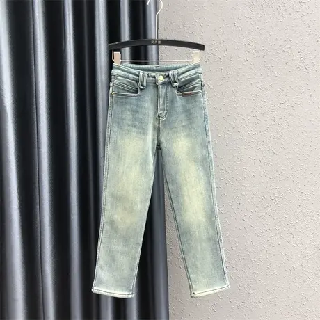 重工磨白直筒裤女23秋冬新款浅蓝色加绒设计感高腰百搭牛仔九分裤商品大图