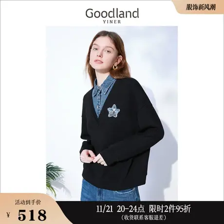 Goodland美地女装冬季时尚牛仔POLO领拼接假两件针织衫套头上衣商品大图