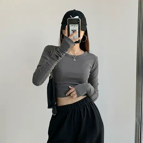 打底衫长袖t恤女短款夏季2023年新款春秋小众设计感高腰露脐上衣图片