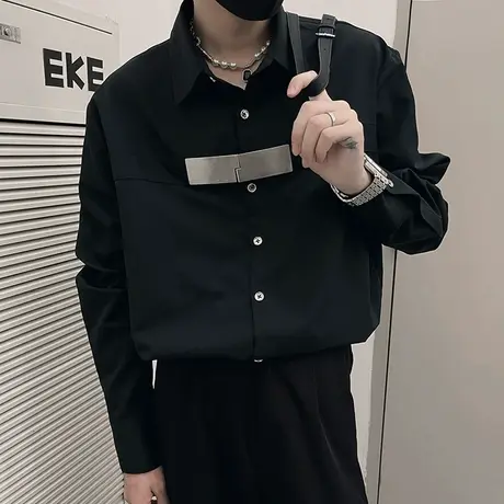 美式重工休闲长袖衬衣男宽松上衣2023春秋季小众发型师痞帅衬衣潮商品大图