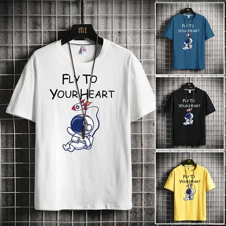 夏季短袖t恤男ins潮流纯棉大码宽松休闲印花潮牌体恤情侣重磅半袖商品大图