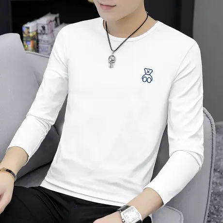 莫代尔小熊t恤男士长袖潮流秋季小衫内搭打底衫白色上衣服体恤男商品大图