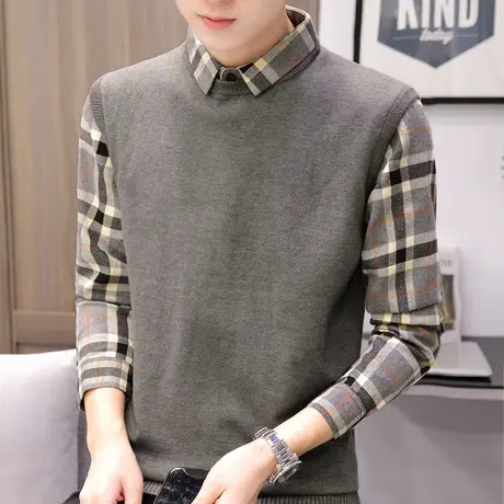 2023年春秋冬季新款ins假两件毛衣男士长袖t恤韩版潮流针织衫男装商品大图