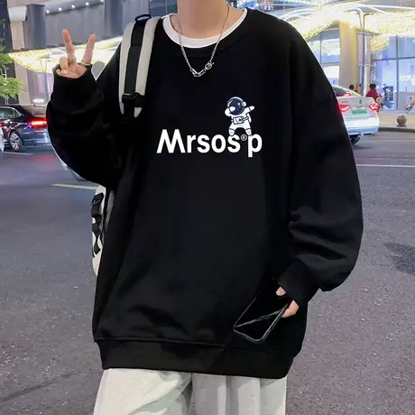 宽松长袖圆领卫衣男春秋季2024新款打底衫oversize港风套头衣服潮商品大图