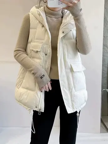 羽绒马甲女冬季2023年新款韩版连帽宽松网红白鸭绒羽绒服外穿马夹商品大图