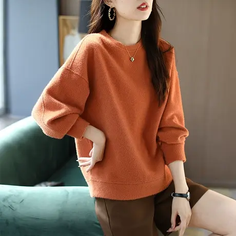 宝诗黎丝绒纯色上衣圆领宽松春装2024落肩百搭卫衣新款慵懒女装图片