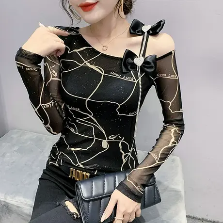 女装2024新款潮性感露肩T恤时尚蝴蝶结上衣紧身打底衫女长袖春秋商品大图