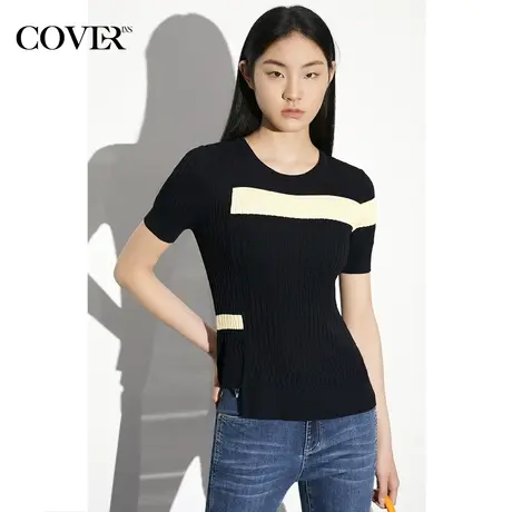 COVER夏季撞色坑条修身圆领针织衫商品大图