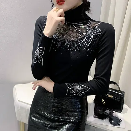 加绒保暖高领打底衫女秋冬欧货花边网纱拼接T恤长袖烫钻镂空上衣商品大图