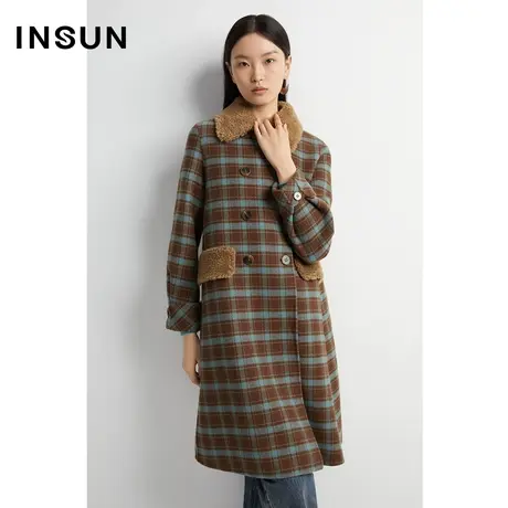 INSUN恩裳线上专选冬季毛领羊毛格纹美拉德外套商品大图