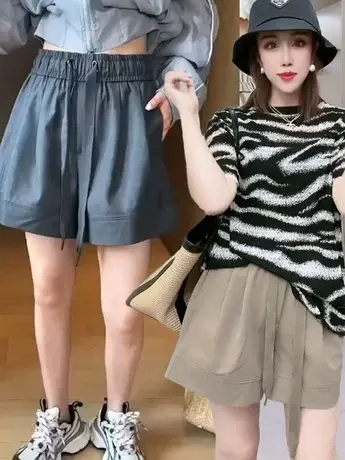 短裤夏女2023新款韩版松紧高腰抽绳宽松显瘦休闲百搭阔腿热裤女潮商品大图