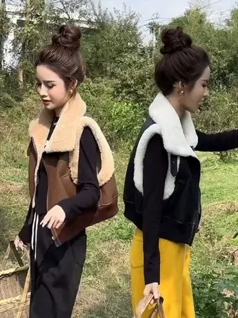 欧货时尚毛毛拼皮衣短款马甲女秋冬设计感加绒无袖坎肩马夹背心潮商品大图