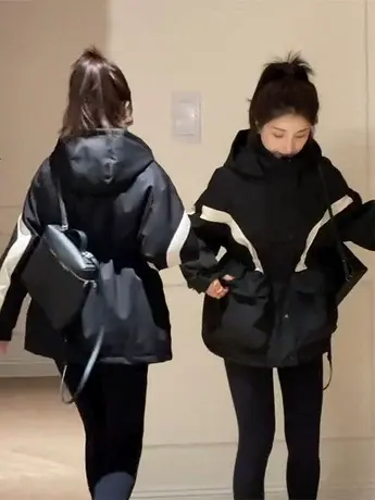 夹棉加厚棉服女秋冬新款宽松时尚连帽收腰工装风衣拼色冲锋衣外套商品大图