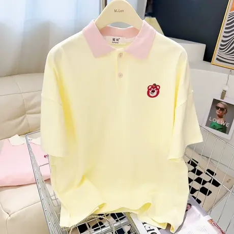 ins日系学院风小熊短袖上衣2023夏季polo领纯棉奶油粉色T恤甜美女商品大图