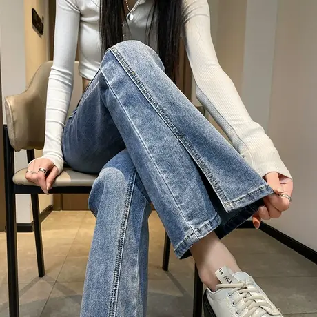 微喇牛仔裤女高腰显瘦春秋2023年新款修身开叉喇叭裤小个子直筒裤商品大图