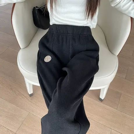 毛呢黑色哈伦裤女秋冬2023新款老爹裤子高腰兔毛绒萝卜裤休闲卫裤图片