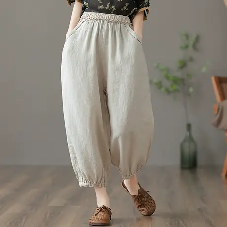 dza 高腰显瘦宽松阔腿棉麻裤子女士2022夏薄款麻料九分休闲亚麻裤图片