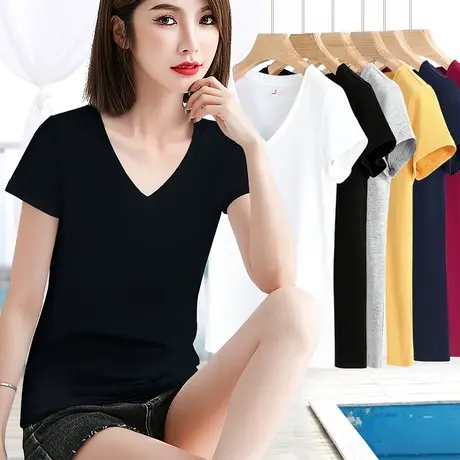 基础短袖t恤女纯棉黑色打底2024年新款夏季修身v领纯色内搭上衣商品大图
