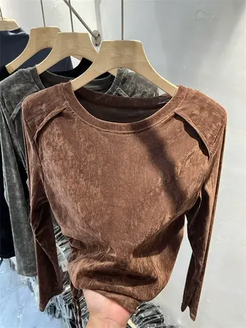 高级感丝绒针织衫不规则抽绳褶皱上衣女2023秋明线修身长袖打底衫商品大图